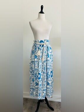Calypso S Blue and cream Printed Maxi Skirt with Rope Tassel Belt